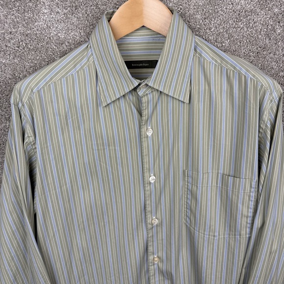 Ermenegildo Zegna Dress Shirt Mens Large Green Striped Button‎ Up Long Sleeve - Picture 2 of 7